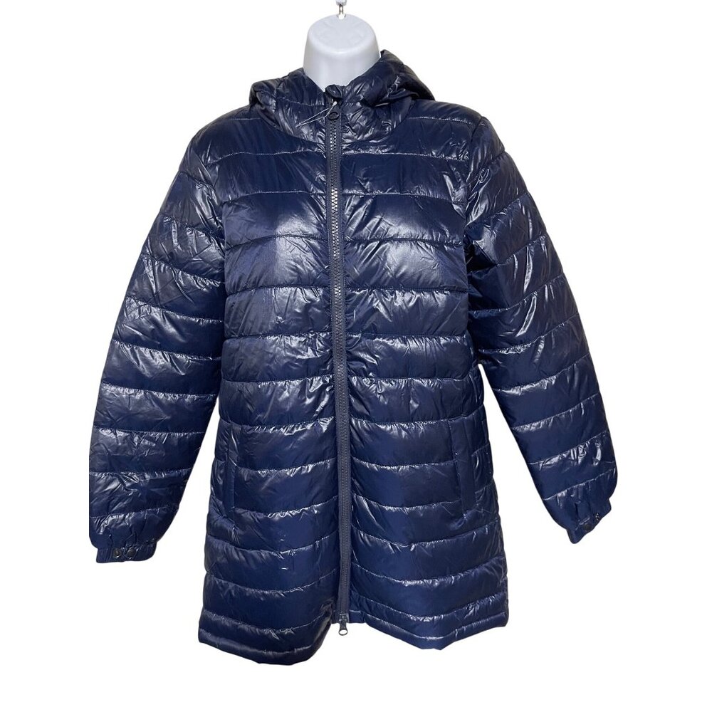Swiss Tech Navy Hooded Puffer Jacket Womens S (4-6) Lightweight Nylon Full Zip
